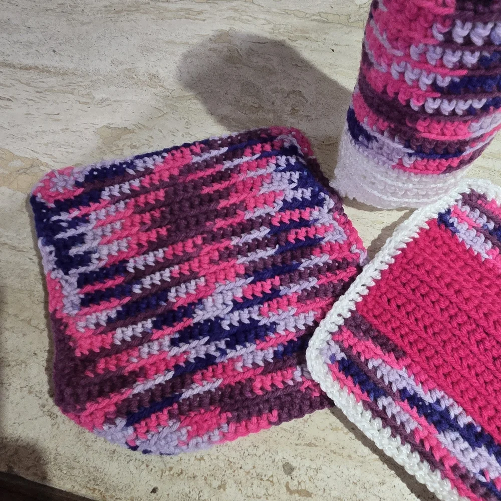 Handmade Crocheted Kitchen Set in Pink, Purple & White